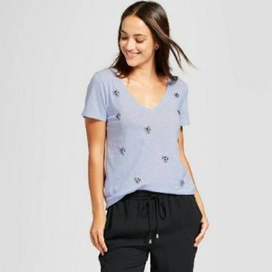 a new day Target Blue Embellished Beaded V-Neck short sleeve t-shirt - Size M